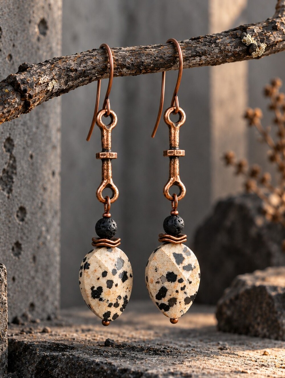 Dalmatian Jasper Copper Earrings Black Lava Stone Hand Crafted